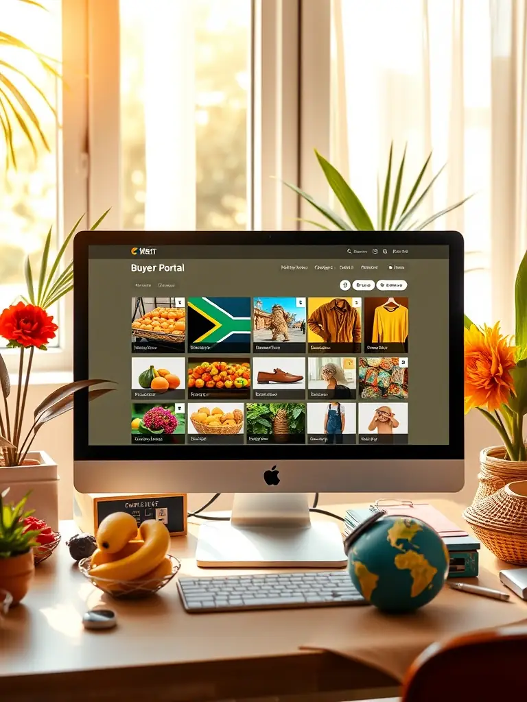 An image of the Buyer Portal Platform interface, displaying a curated selection of South African products with summer-themed visuals, highlighting the ease of browsing and purchasing quality goods.