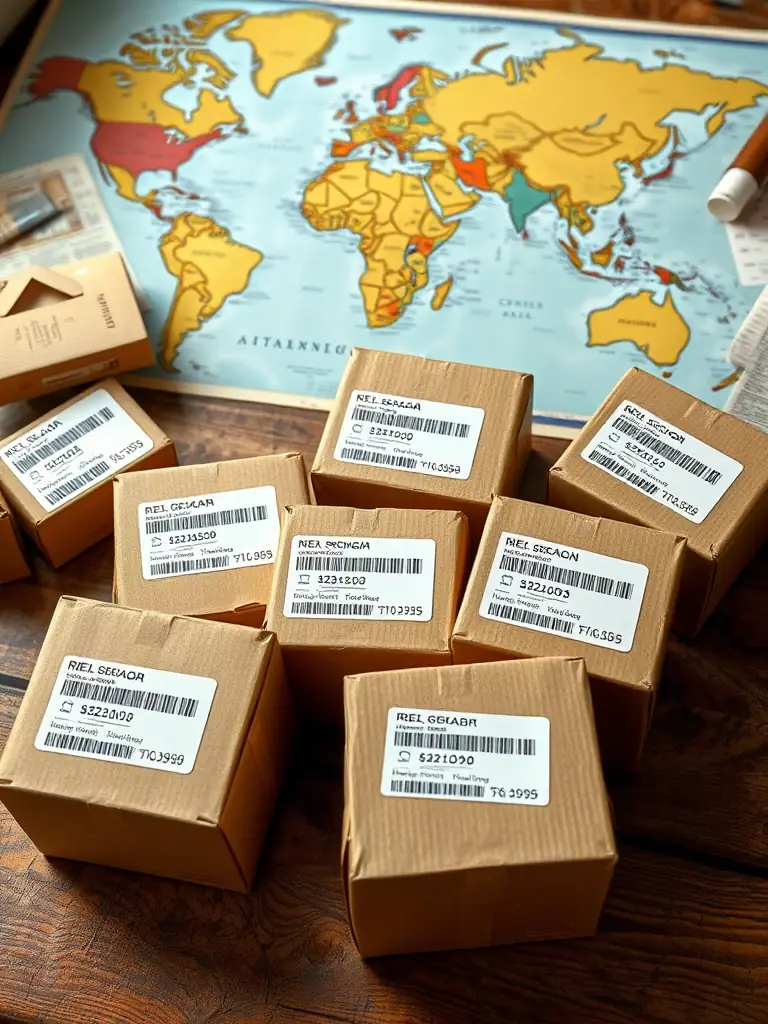 A vibrant image showcasing the Export Logistics Package A, featuring a package with shipping labels, a delivery truck icon, and a globe, set against a sunny, summery background to emphasize the ease of exporting during the summer season.